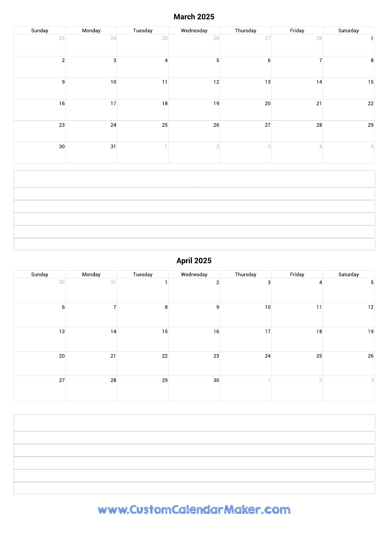 March And April 2025 Printable Calendar Template