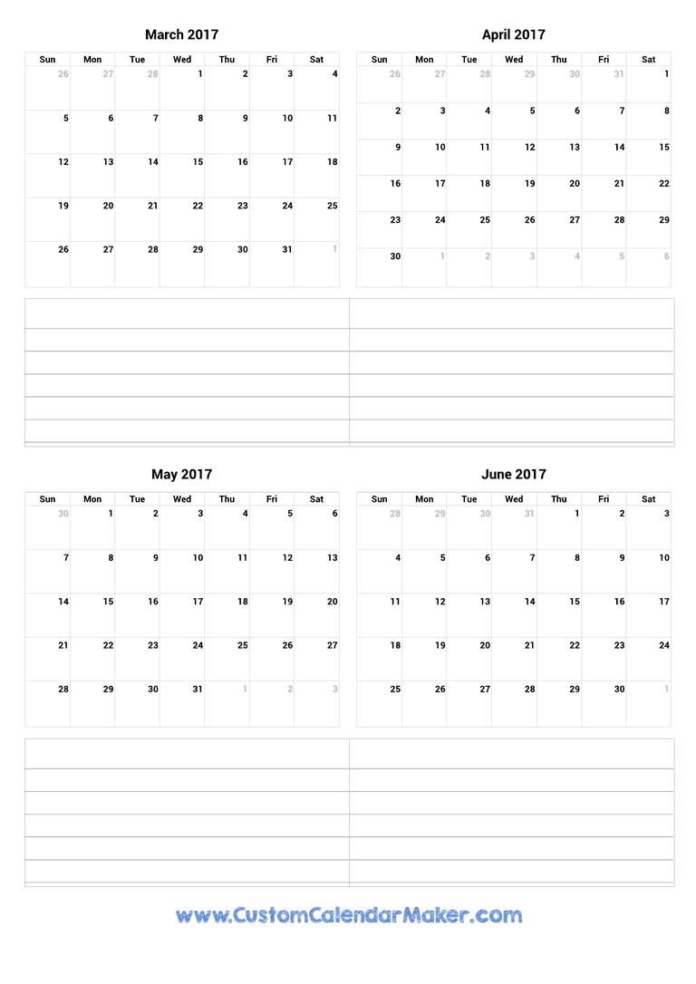 March to June 2017 Calendar