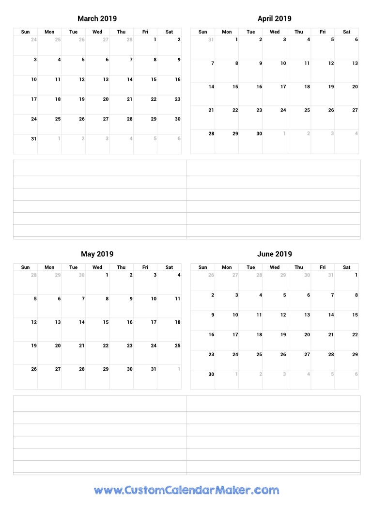 March to June 2019 Calendar