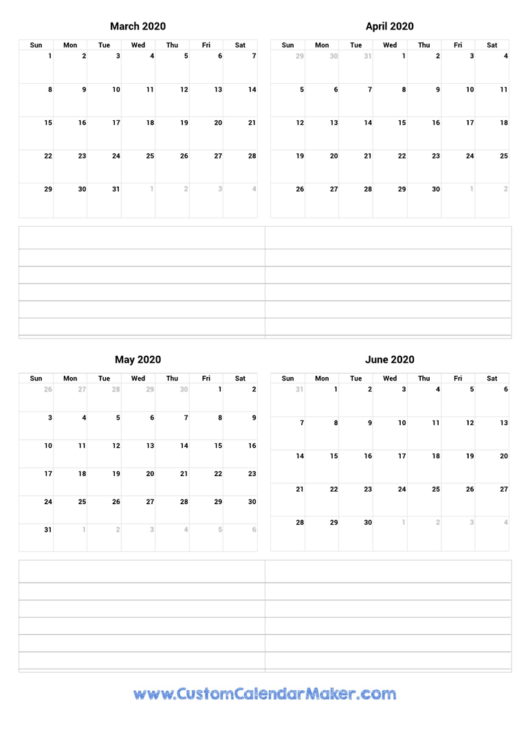March to June 2020 Calendar