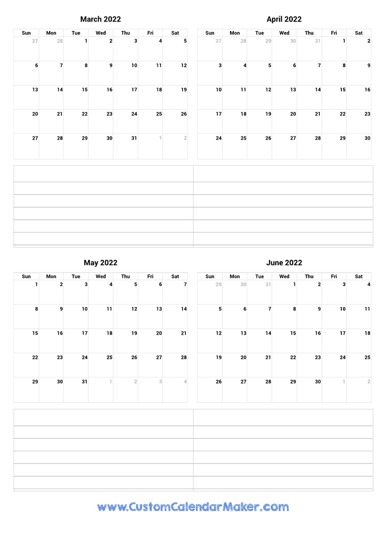March to June 2022 Calendar