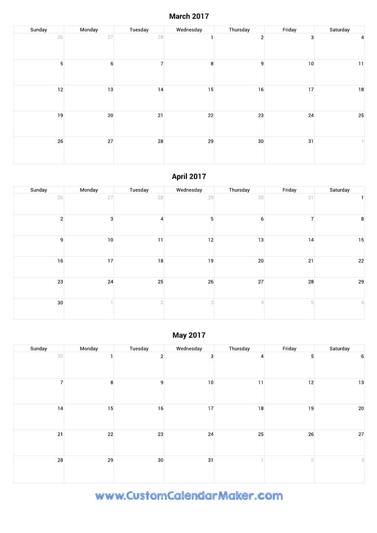 March to May 2017 Calendar