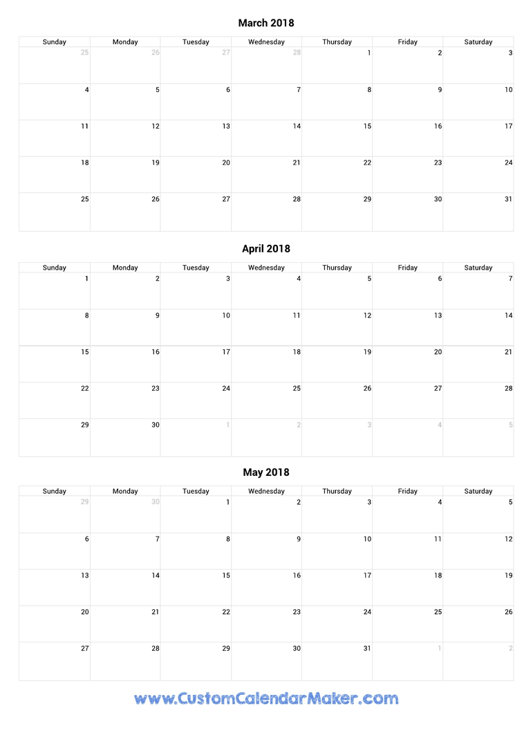 March to May 2018 Calendar
