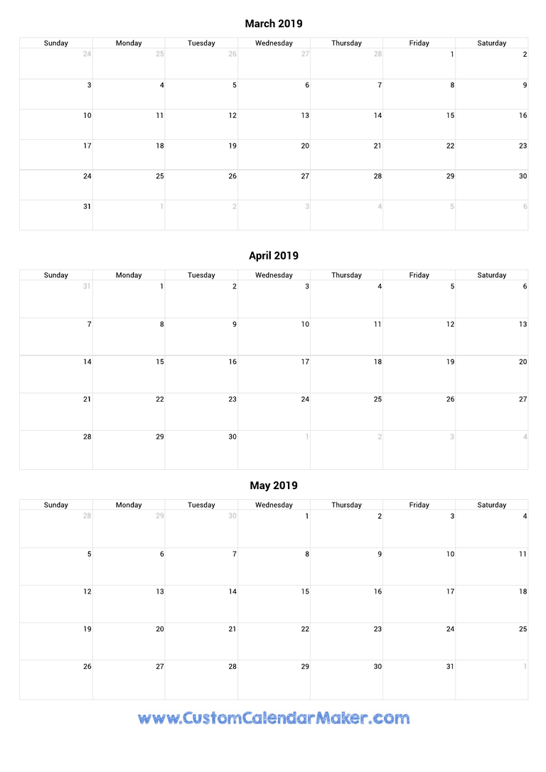 March to May 2019 Calendar