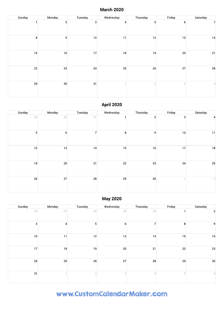 March to May 2020 Calendar