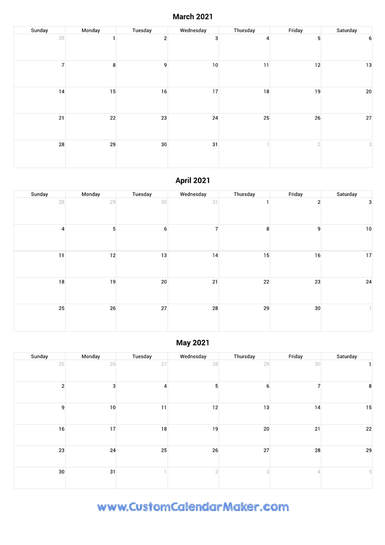March to May 2021 Calendar