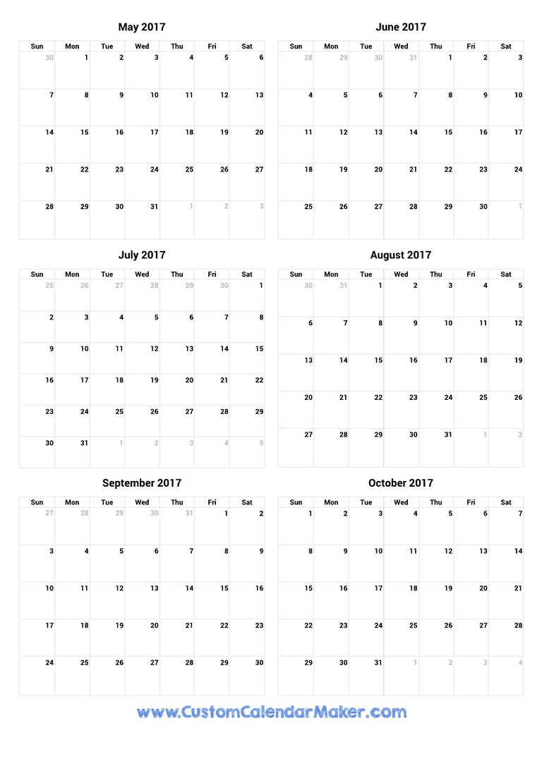May to October 2017 Calendar