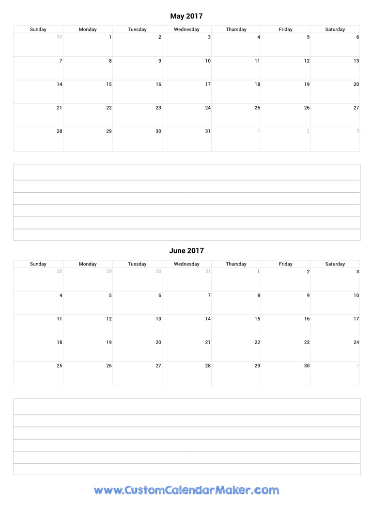 may and june 2017 calendar with notes