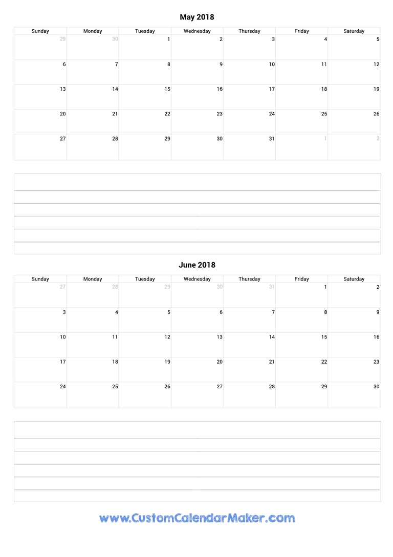 may and june 2018 calendar with notes