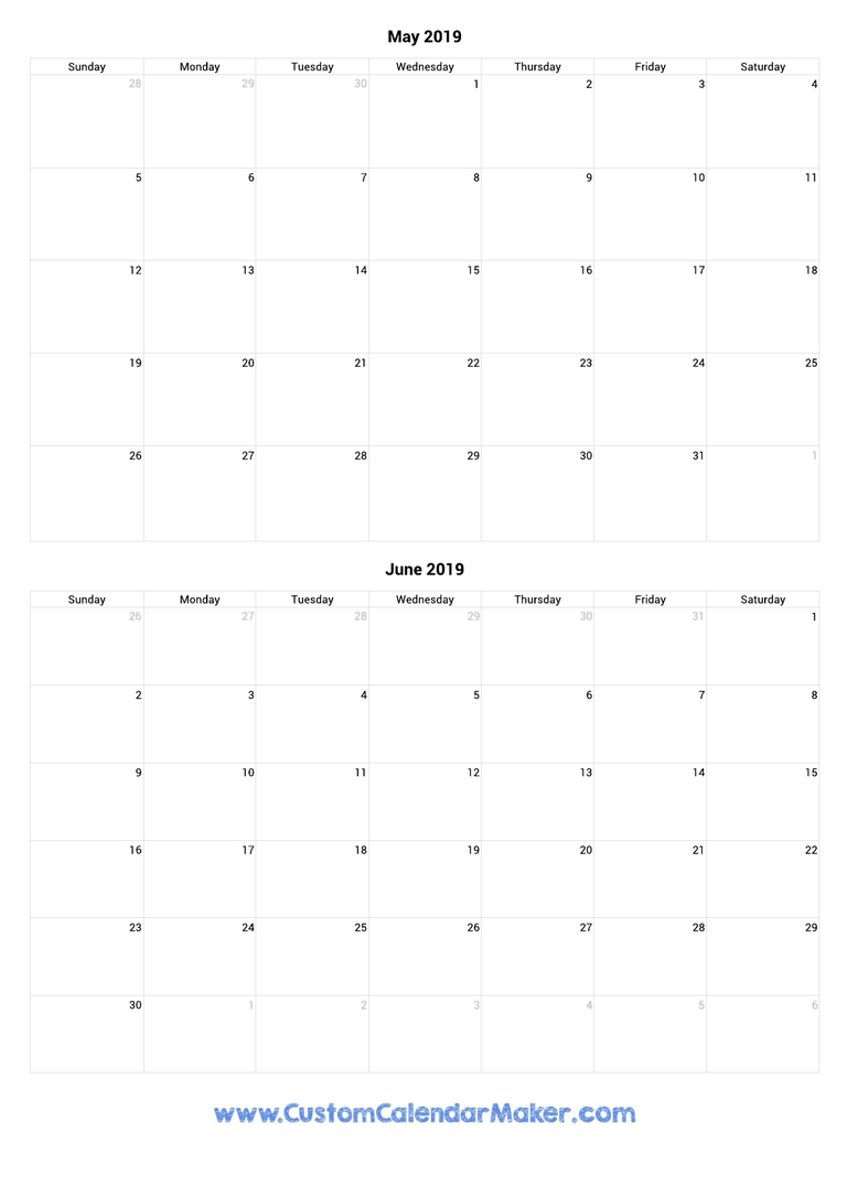 May and June 2019 Calendar