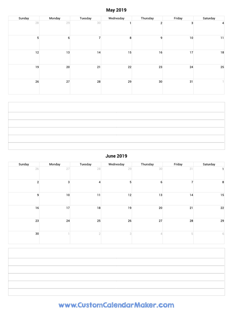 may and june 2019 calendar with notes