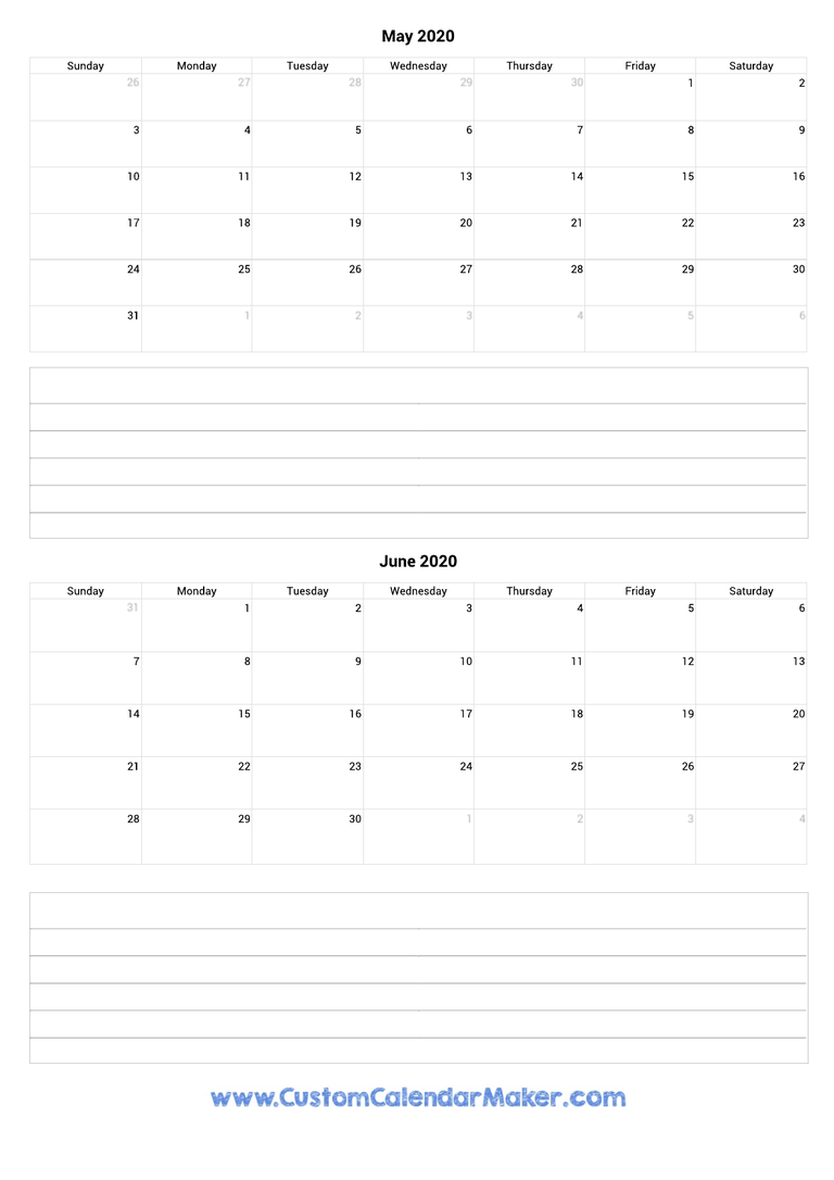 may and june 2020 calendar with notes