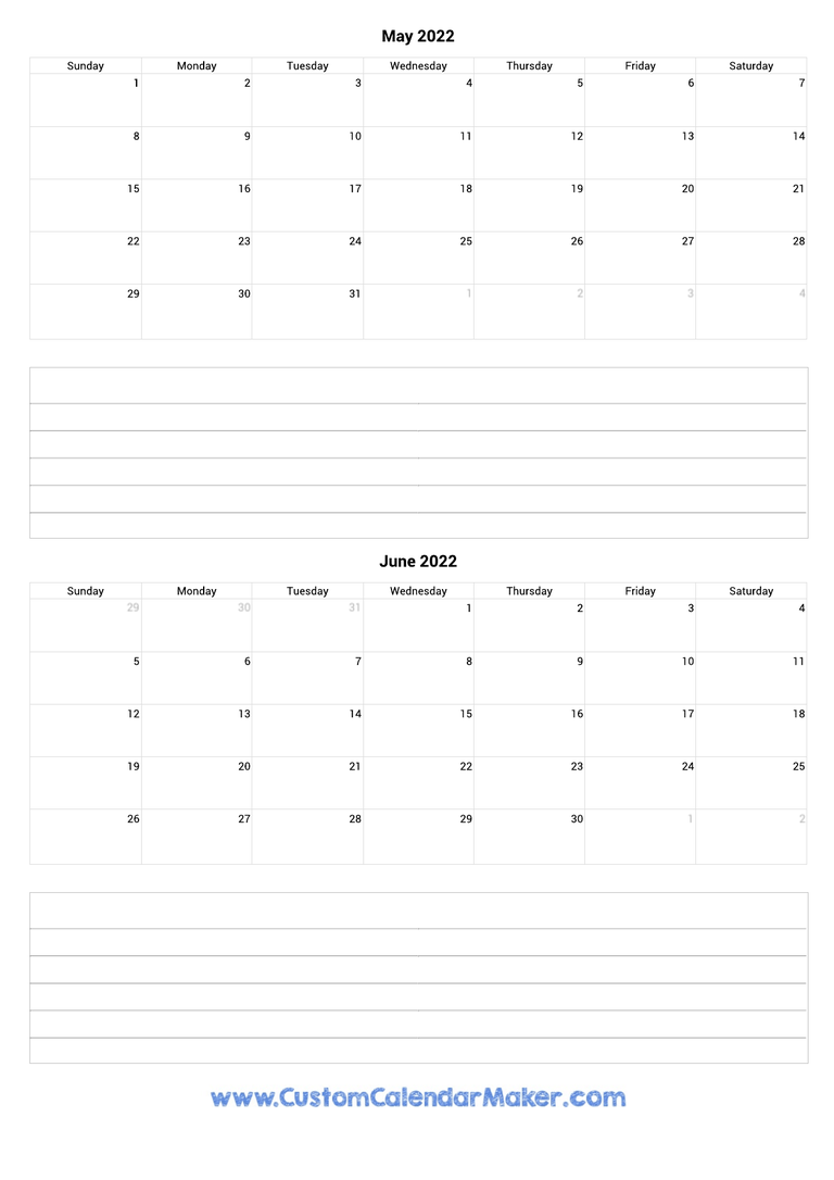 may and june 2022 calendar with notes