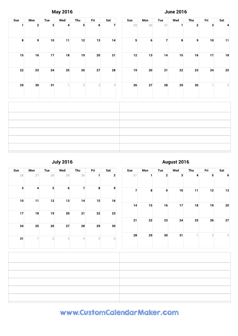 May to August 2016 Calendar
