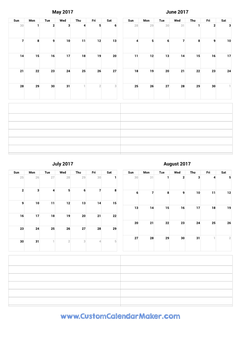 May to August 2017 Calendar