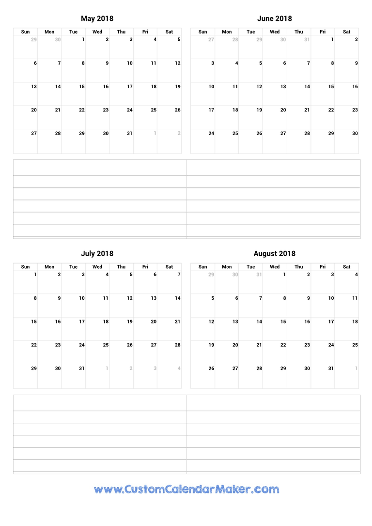May to August 2018 Calendar