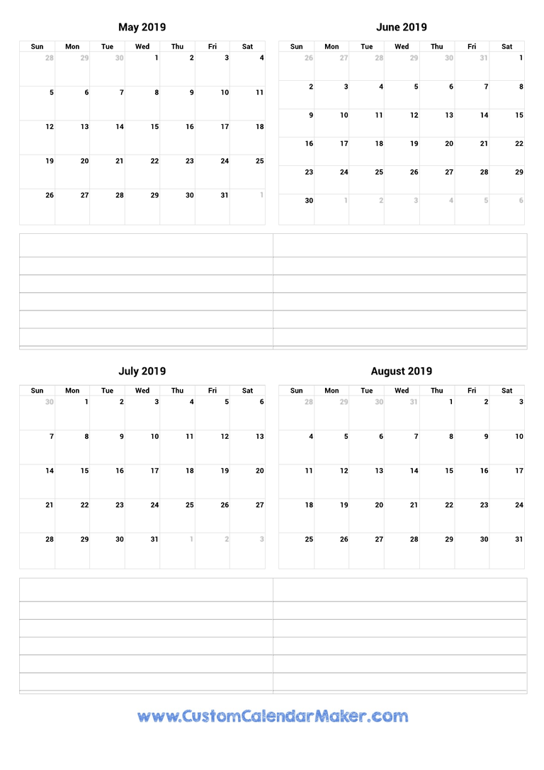 May to August 2019 Calendar