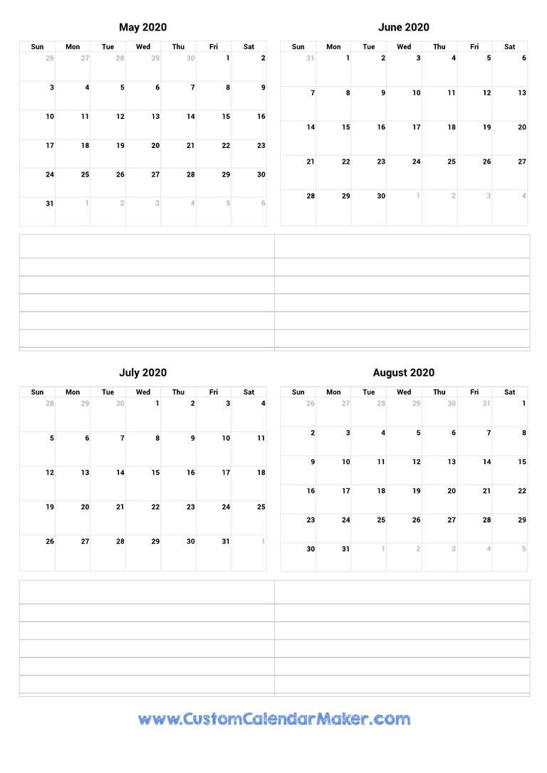 May to August 2020 Calendar