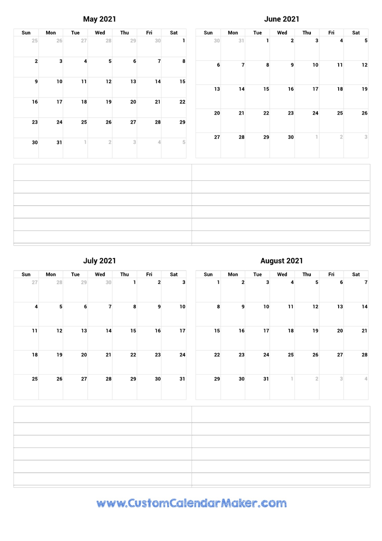 May to August 2021 Calendar