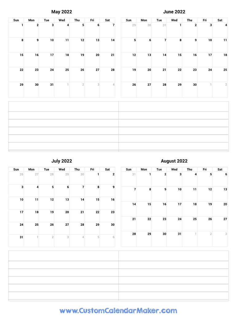 May to August 2022 Calendar