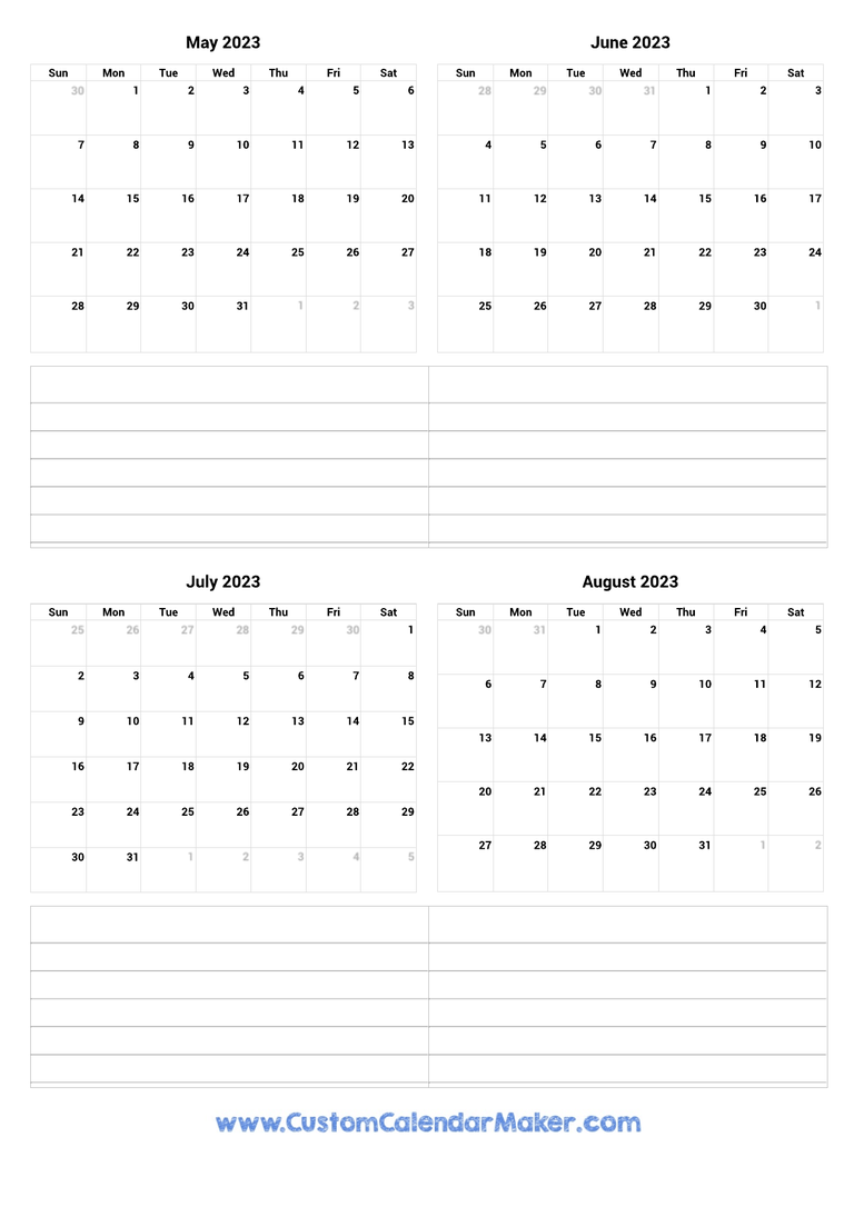 May to August 2023 Printable Calendar