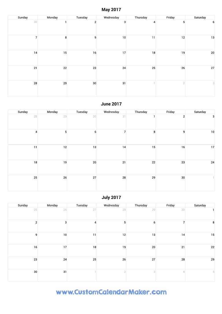 May to July 2017 Calendar