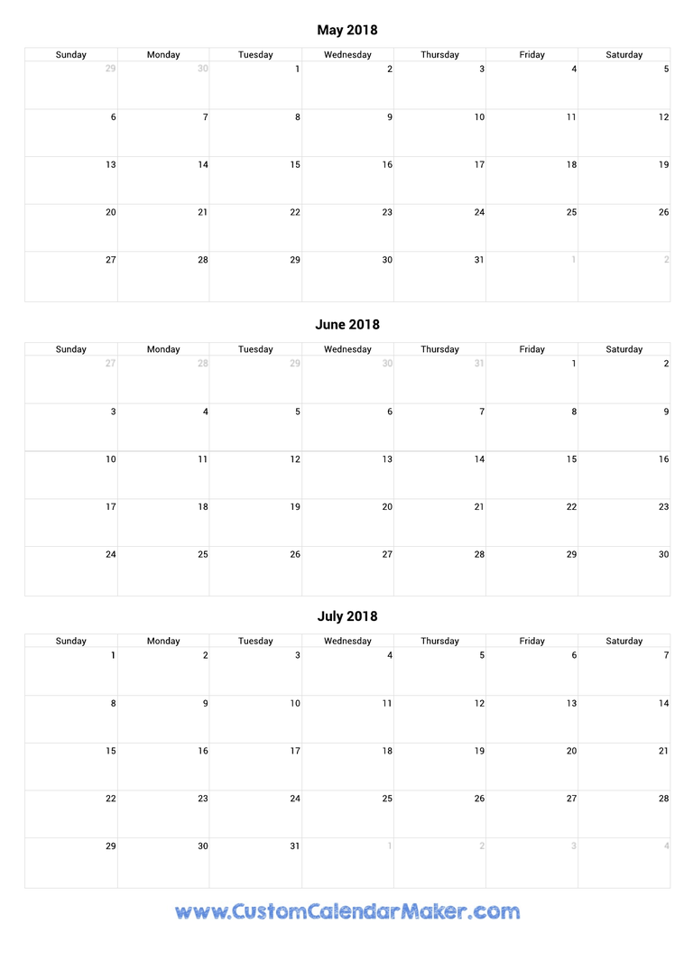 May to July 2018 Calendar