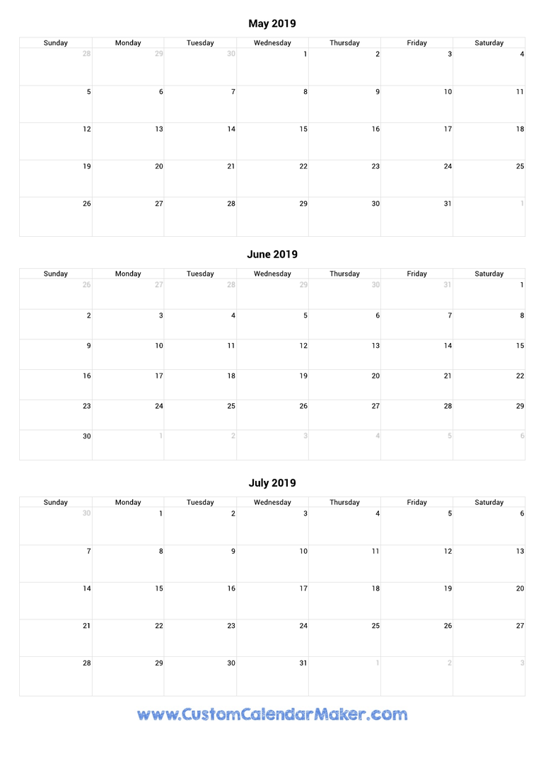 May to July 2019 Calendar