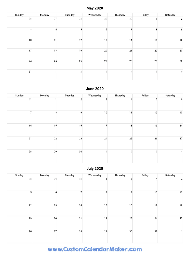 May to July 2020 Calendar