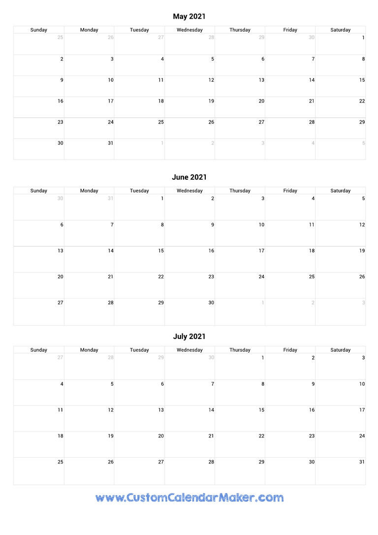 May to July 2021 Calendar