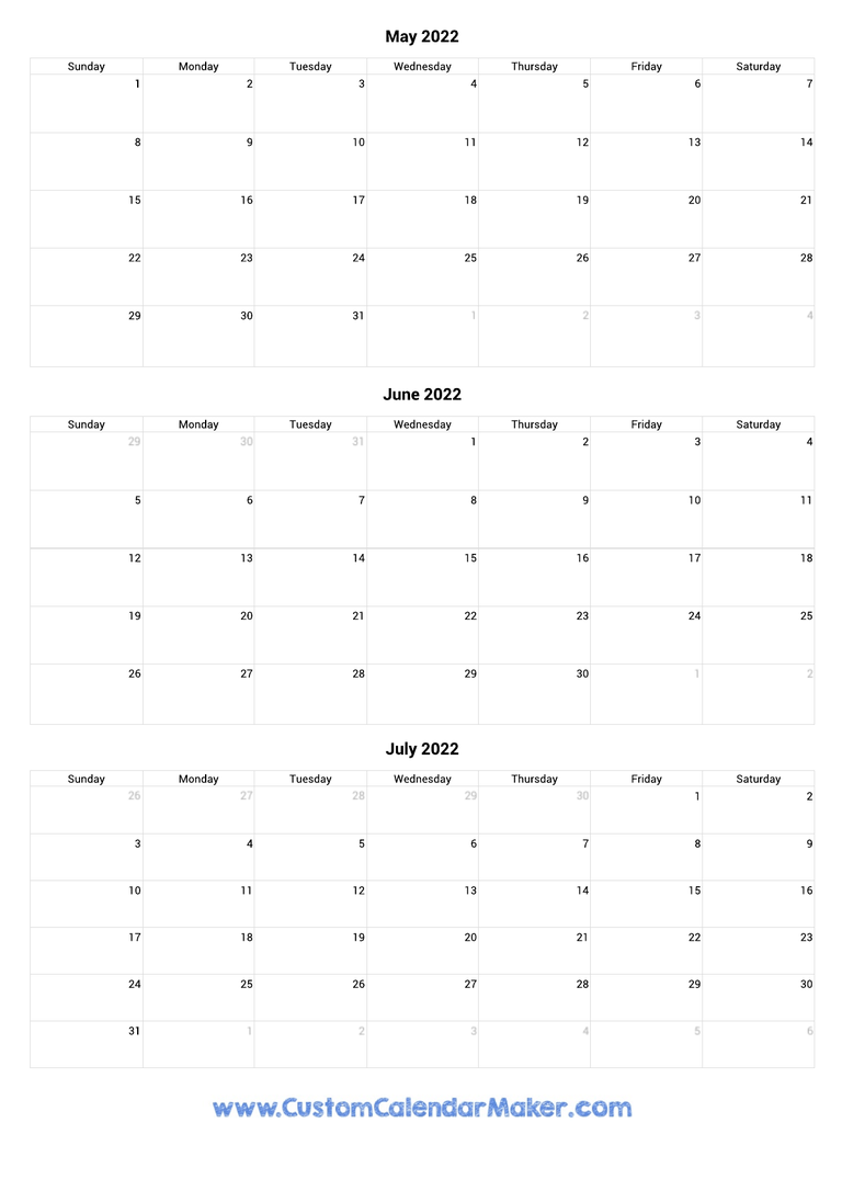 May to July 2022 Calendar