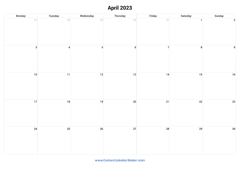 April 2023 monday start calendar