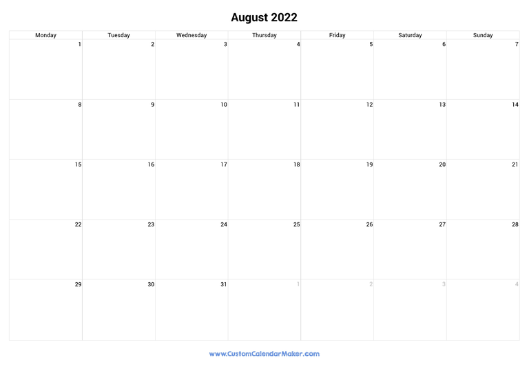 August 2022 monday start calendar