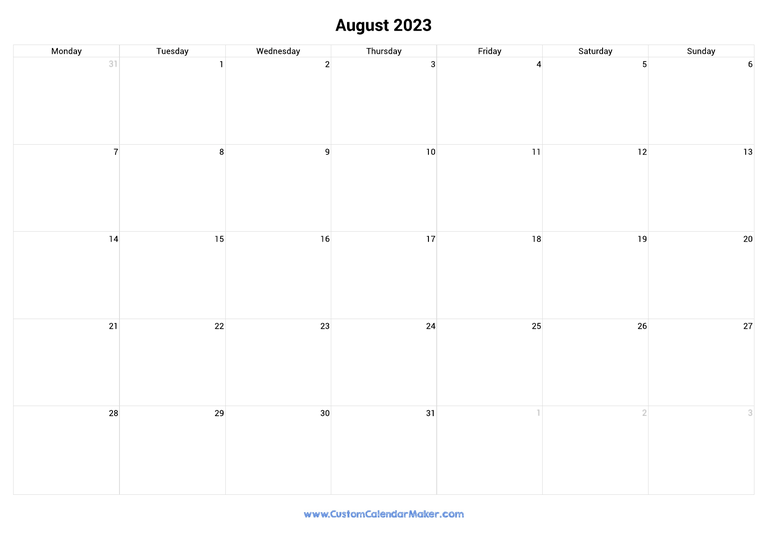 August 2023 monday start calendar