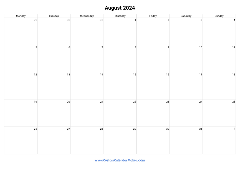 August 2024 monday start calendar