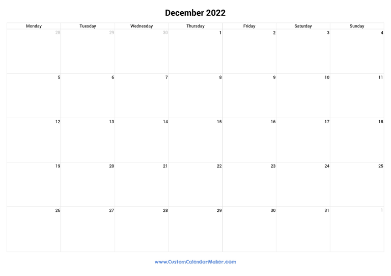 December 2022 monday start calendar