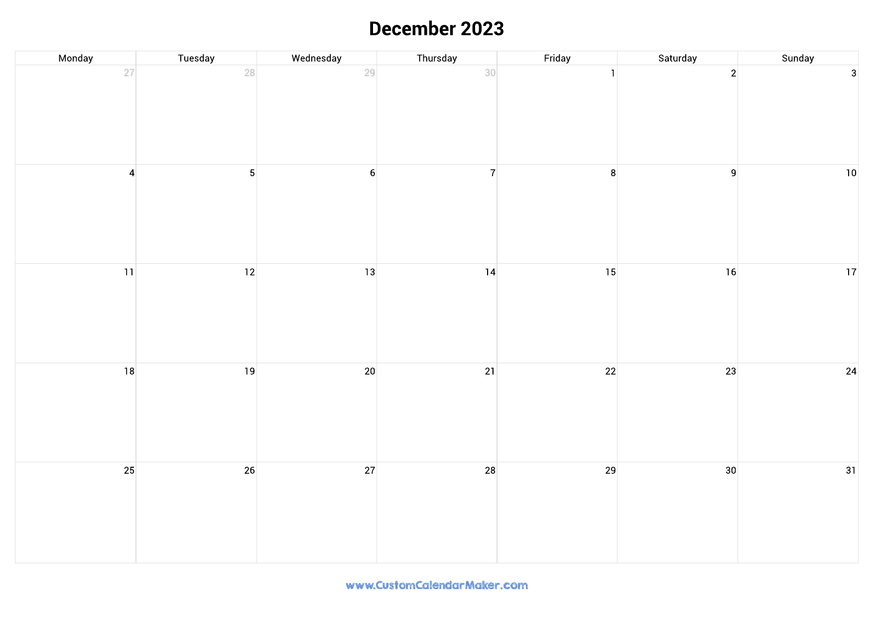 December 2023 Monday Start Calendar Monday to Sunday