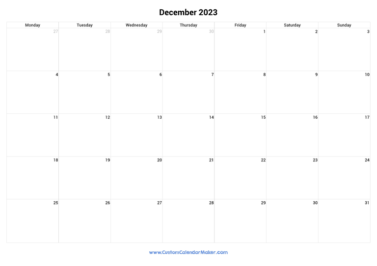 December 2023 monday start calendar