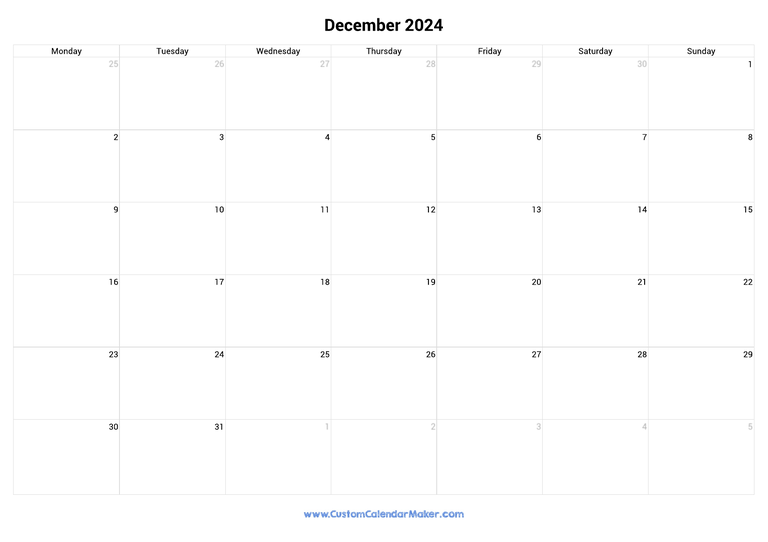 December 2024 monday start calendar