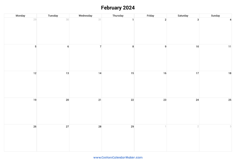 February 2024 monday start calendar
