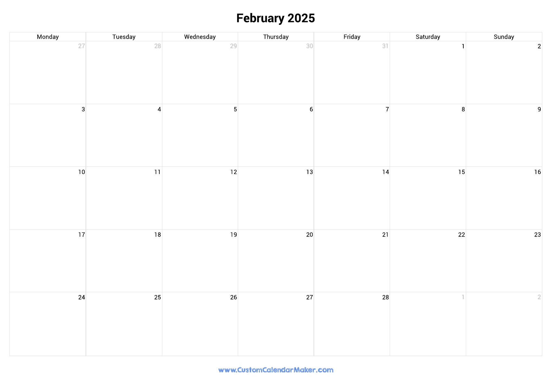 February 2025 Monday Start Calendar Monday To Sunday
