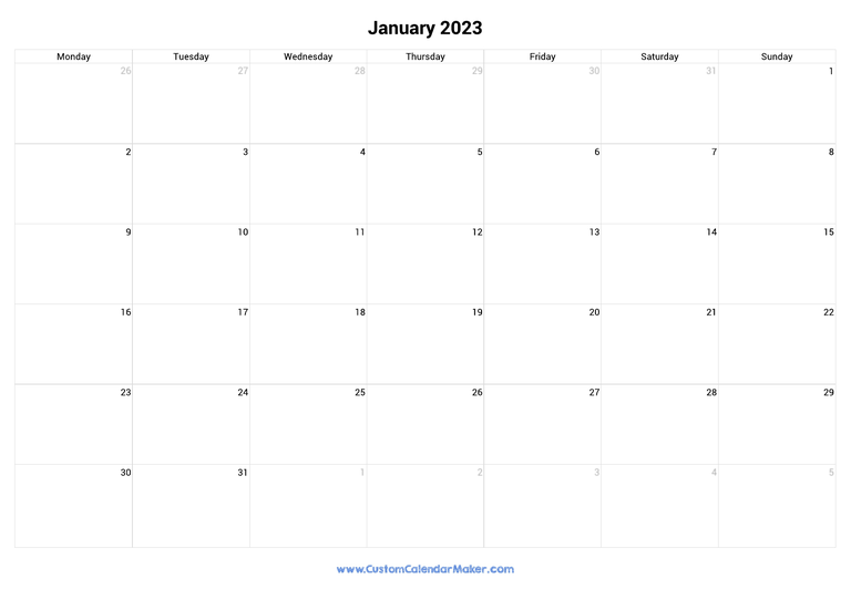 January 2023 monday start calendar