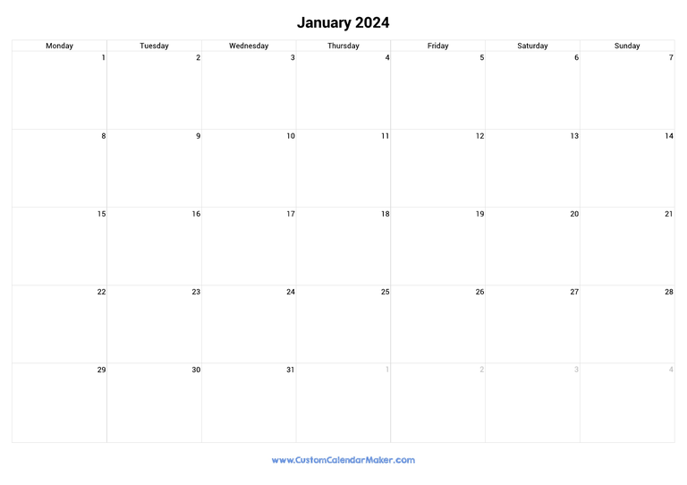 January 2024 monday start calendar