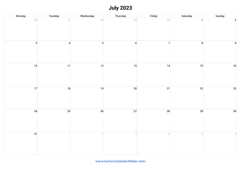 July 2023 monday start calendar