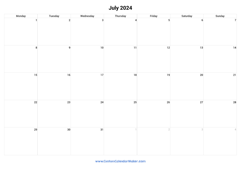 July 2024 monday start calendar