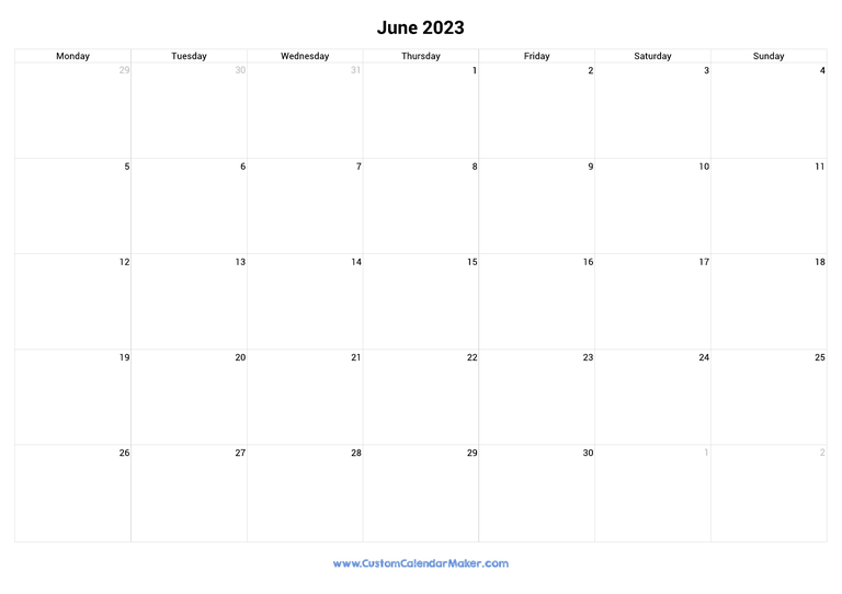 June 2023 monday start calendar