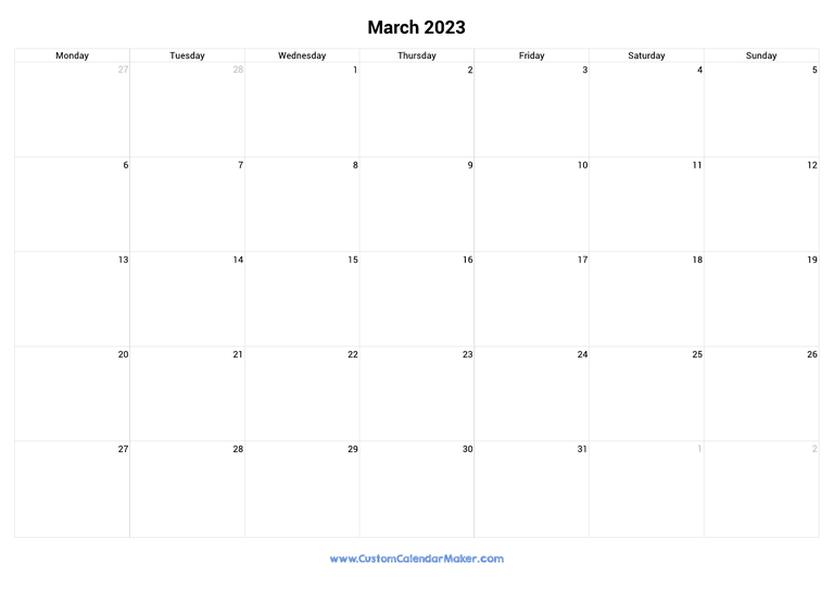 March 2023 monday start calendar