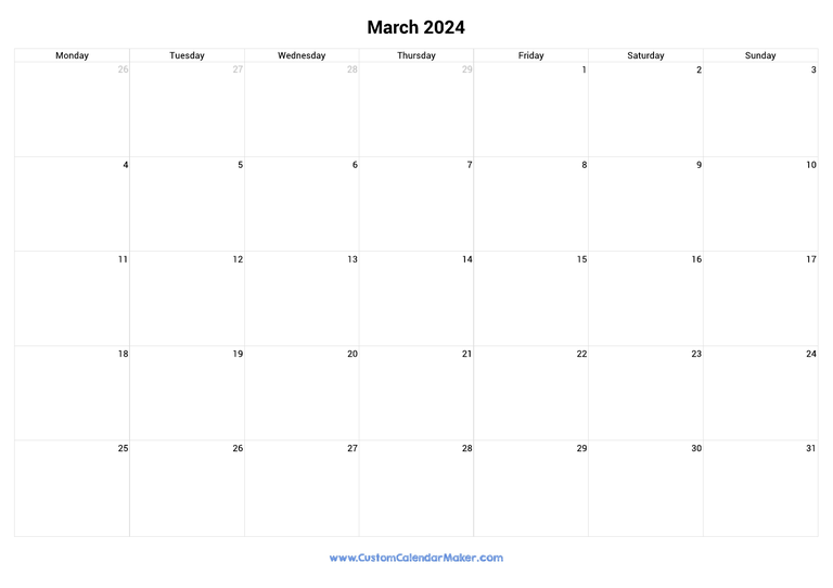 March 2024 monday start calendar