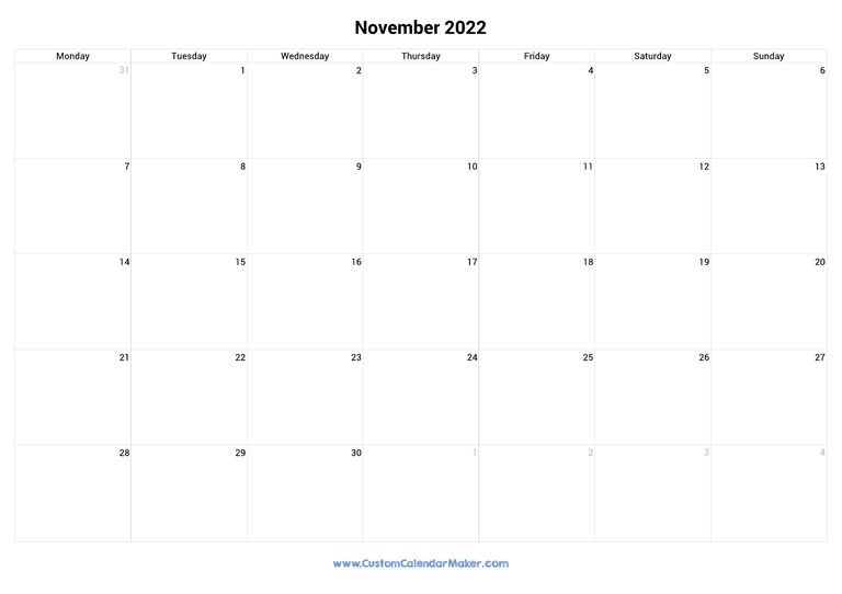 November 2022 monday start calendar