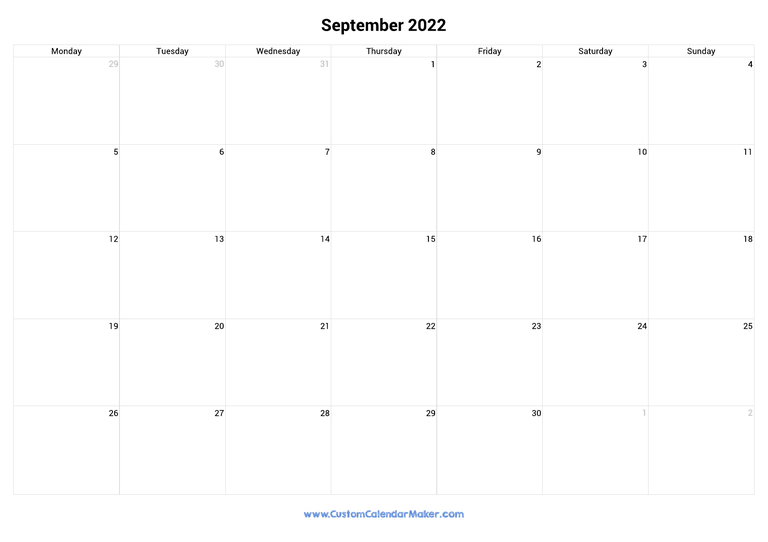 September 2022 monday start calendar